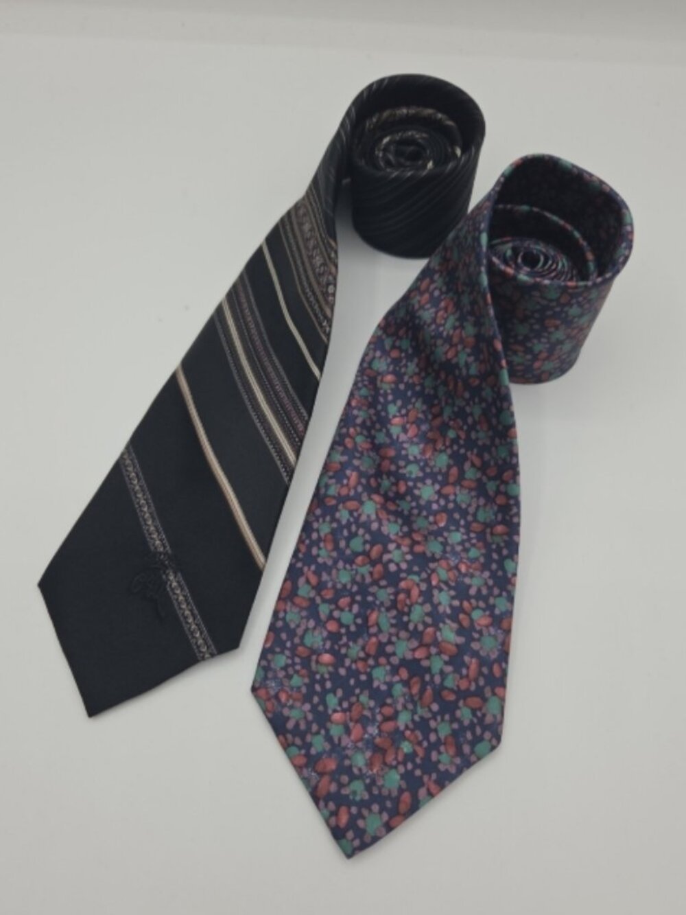 Countess Mara Men’s Tie Lot (2) Black Striped Polyester & Multicolor Satin